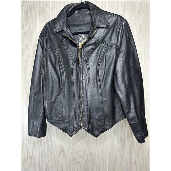 Leather Odyssey Jacket Women's Black‎ Lined Biker Long Sleeve Collar Full Zip - Picture 1 of 7
